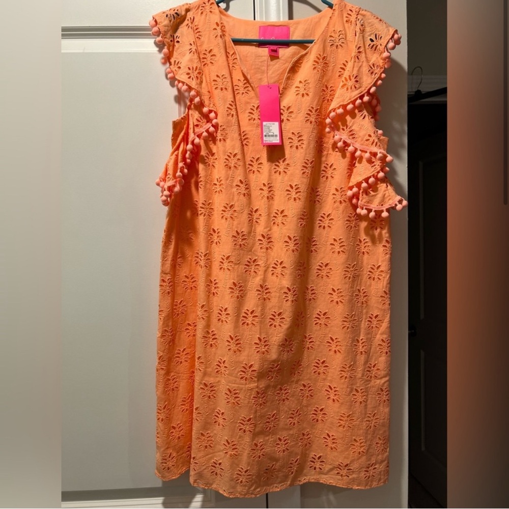 EUC Lilly Pulitzer Astara Palm Tree Eyelet Dress in Peachy Flamingo